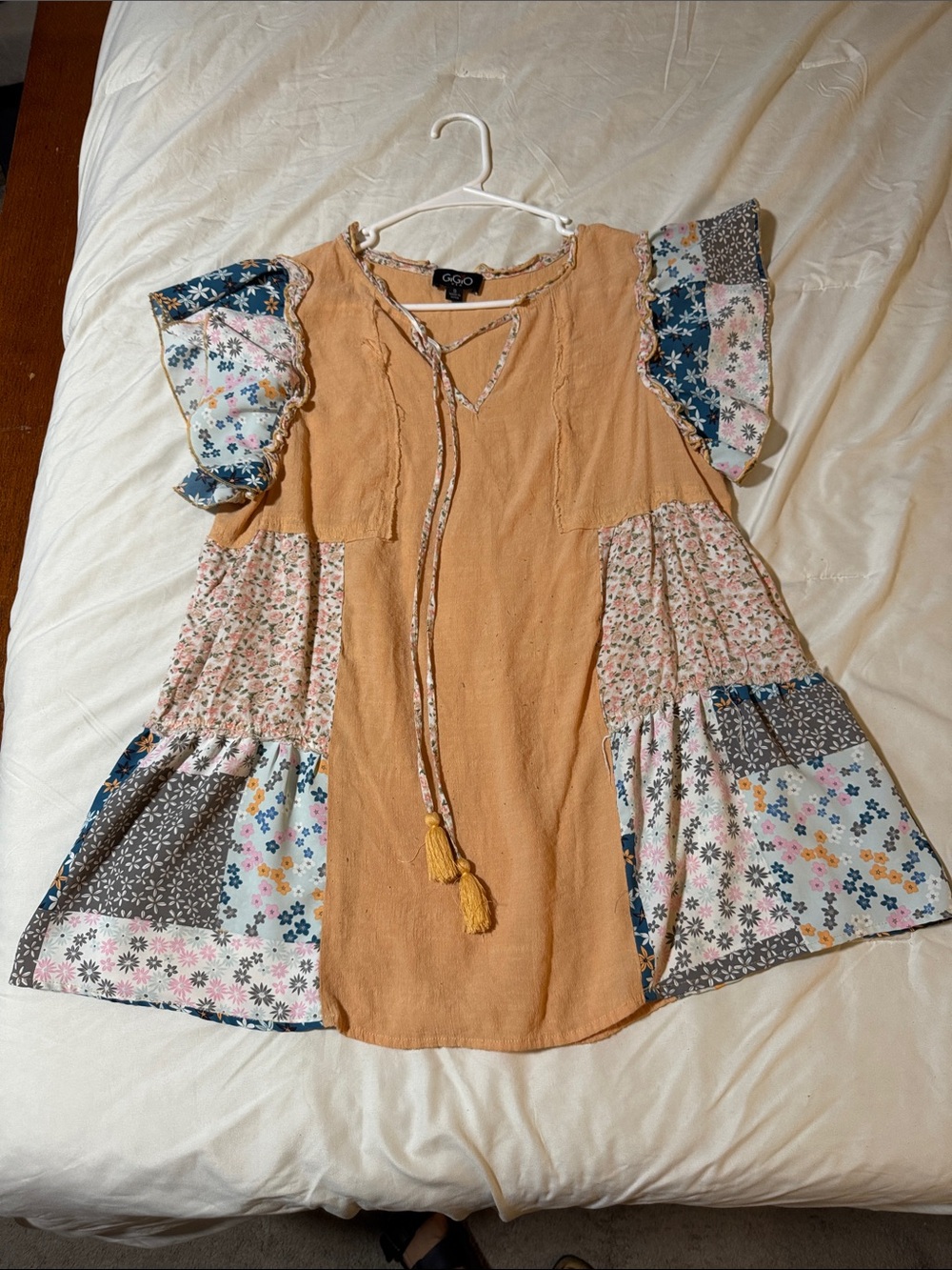 Boho Patchwork Tassel Tie Blouse in Mustard